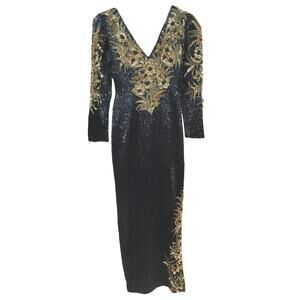 Sho Max SILK heavy beaded sequin dress 80s Vintage Formal SMALL gown Black Gold